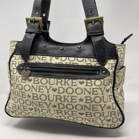 Dooney Bourke Tote Bag Tan Canvas  Black Lettering Leather Handbag Adjustable - Picture 9 of 14